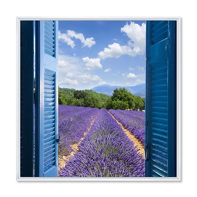 Lavender Field Through Blue Open Cottage Window Wall Art