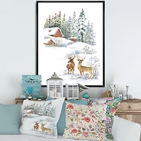 Winter Cottage with Two Deers Wall Art