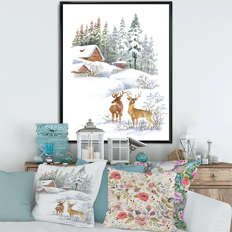 Winter Cottage with Two Deers Wall Art