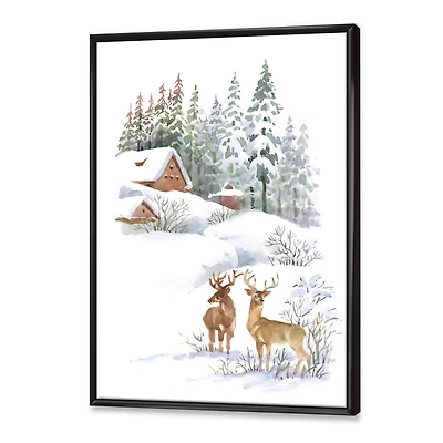 Winter Cottage with Two Deers Wall Art