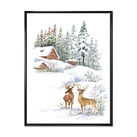 Winter Cottage with Two Deers Wall Art