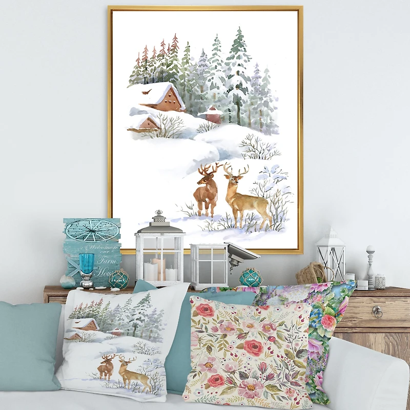 Winter Cottage with Two Deers Wall Art