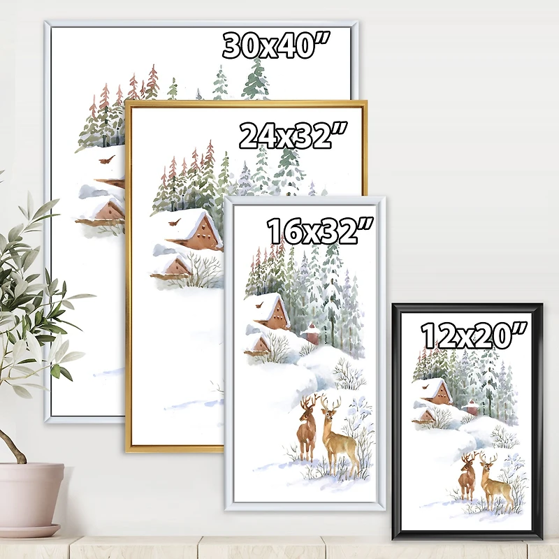 Winter Cottage with Two Deers Wall Art