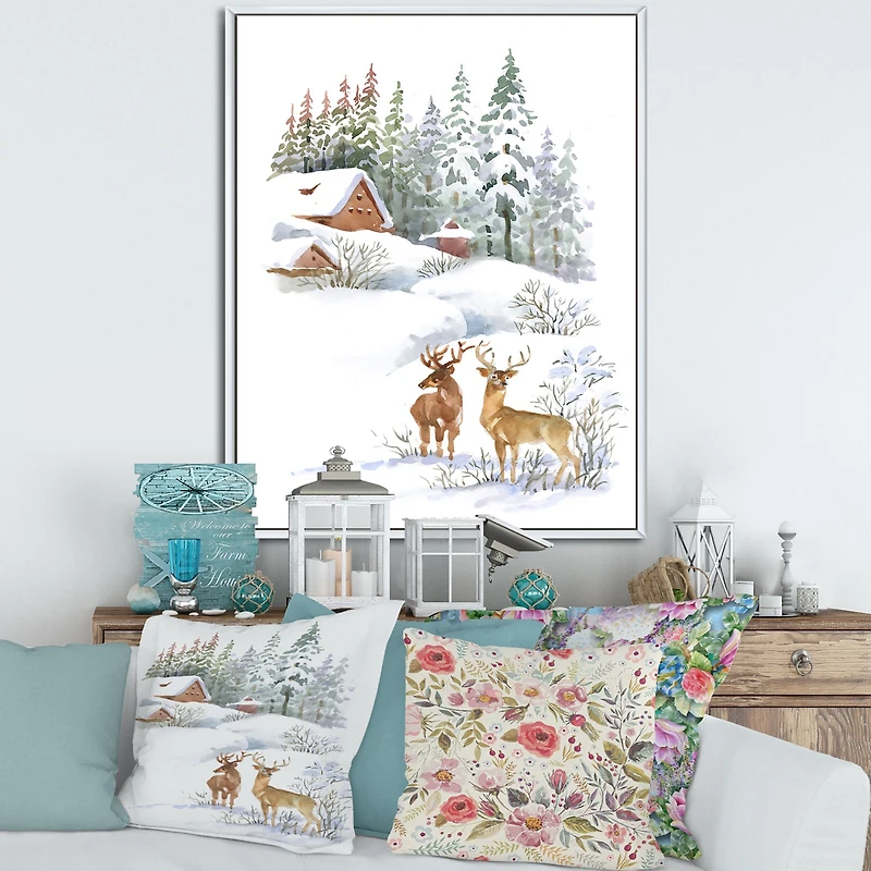 Winter Cottage with Two Deers Wall Art