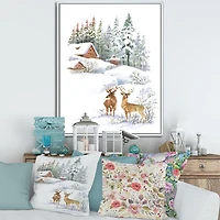 Winter Cottage with Two Deers Wall Art