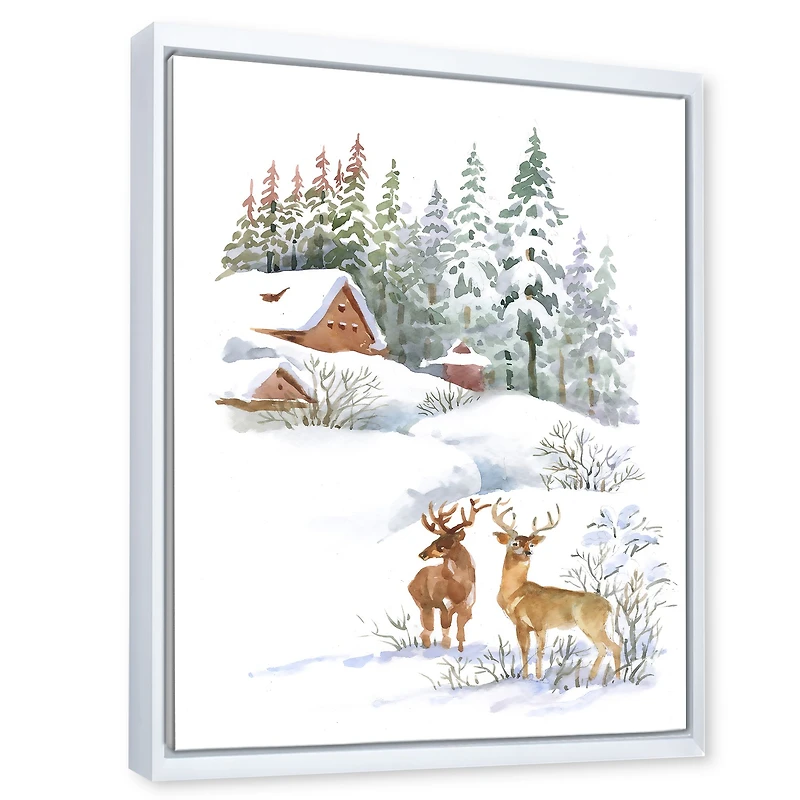 Winter Cottage with Two Deers Wall Art