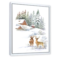 Winter Cottage with Two Deers Wall Art
