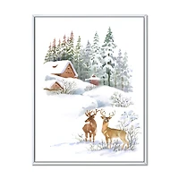 Winter Cottage with Two Deers Wall Art