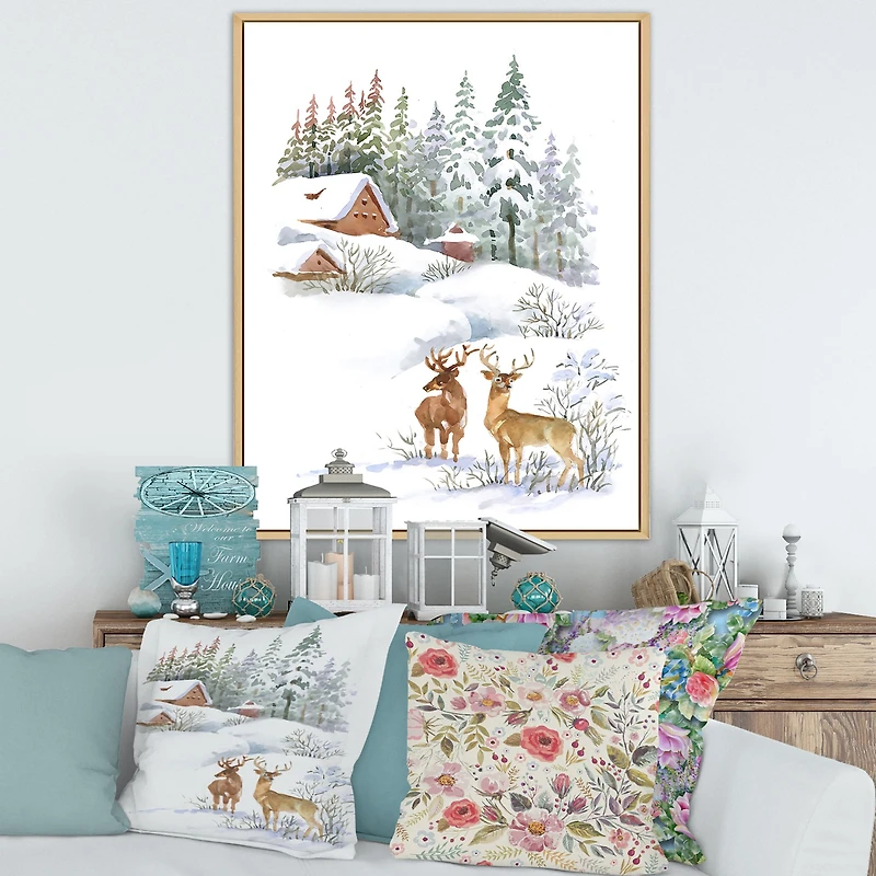Winter Cottage with Two Deers Wall Art