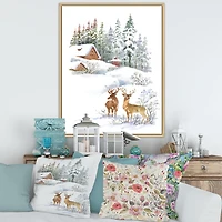 Winter Cottage with Two Deers Wall Art