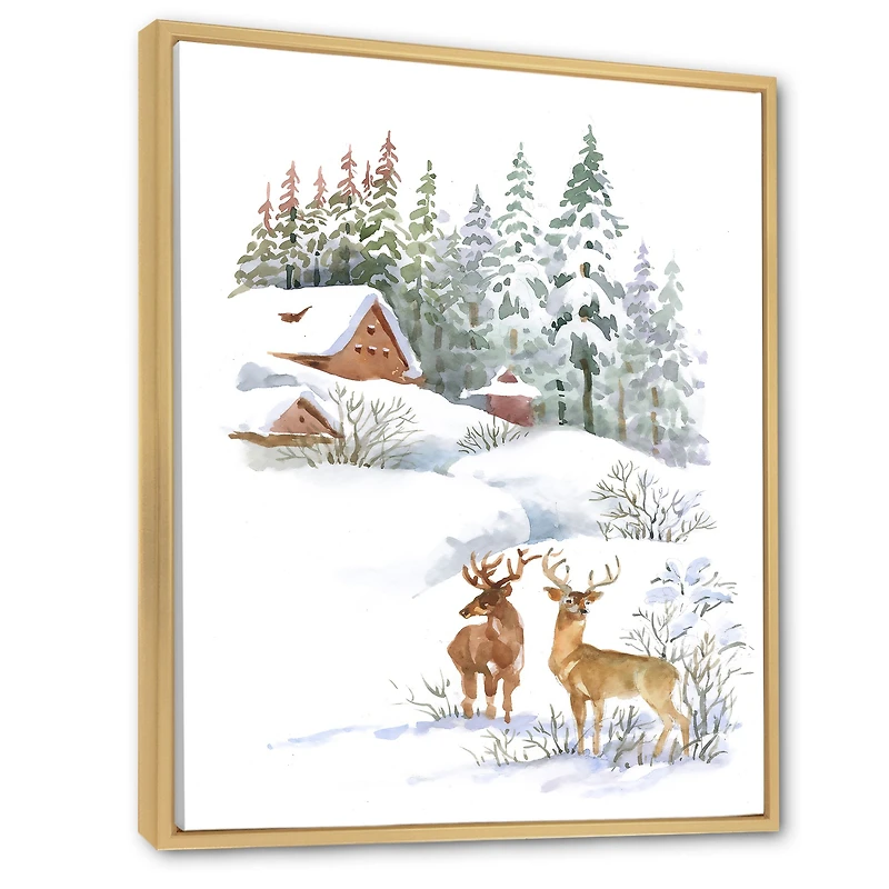 Winter Cottage with Two Deers Wall Art