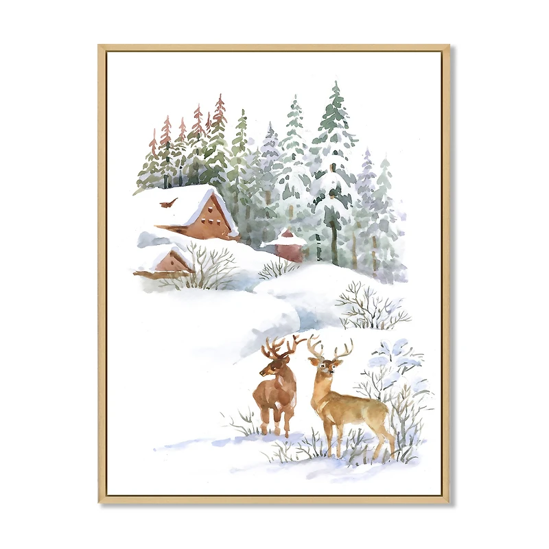 Winter Cottage with Two Deers Wall Art
