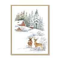 Winter Cottage with Two Deers Wall Art