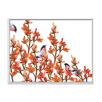 Flock of Bullfinches Birds on Orange Branches Wall Art