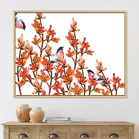 Flock of Bullfinches Birds on Orange Branches Wall Art
