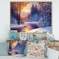 Winding River with Dark Blue Silhouettes of Trees  Wall Art