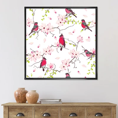 Red Bullfinches on Magnolia Tree  Wall Art
