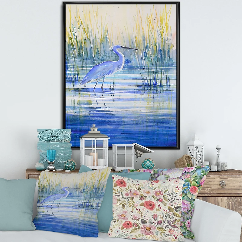 Blue Heron on The Lake Shore At Sunset Canvas Wall Art Print