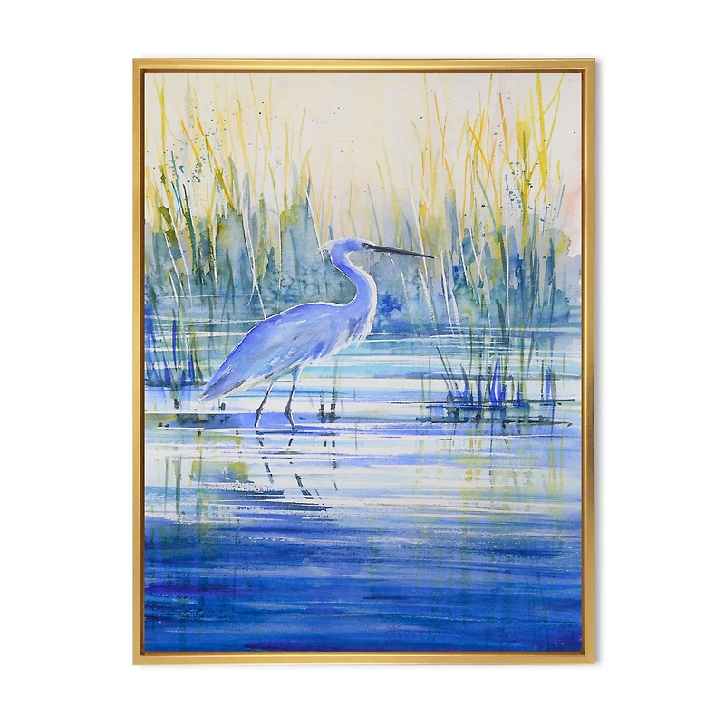 Blue Heron on The Lake Shore At Sunset Canvas Wall Art Print