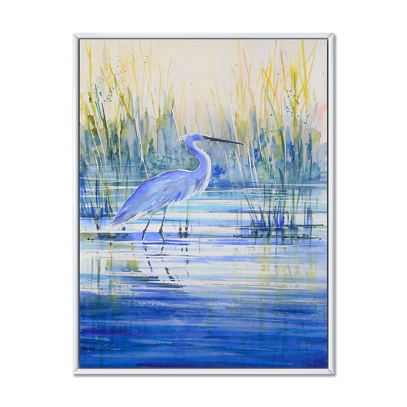 Blue Heron on The Lake Shore At Sunset Canvas Wall Art Print