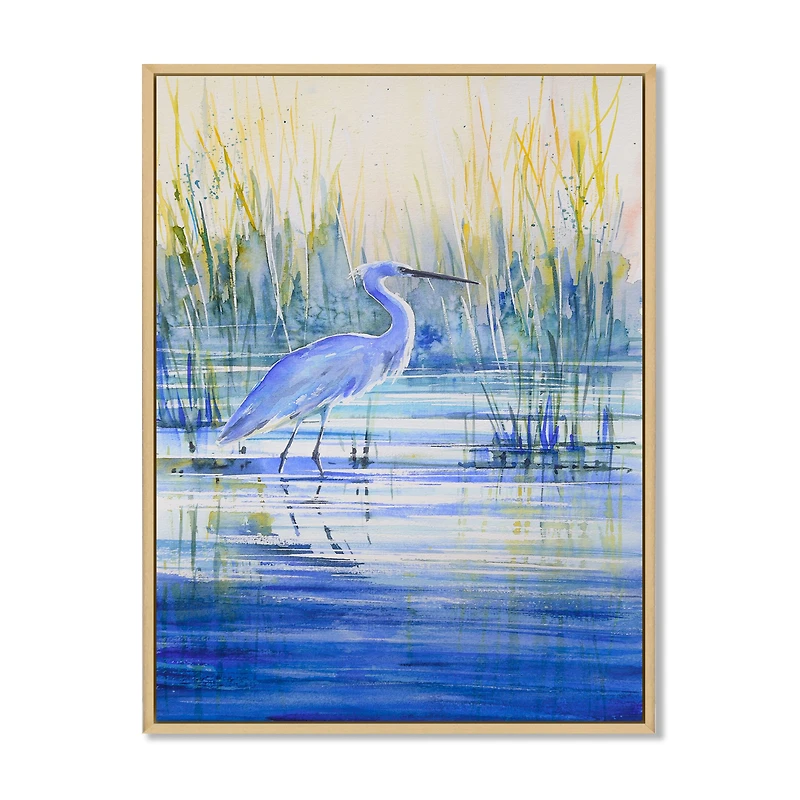 Blue Heron on The Lake Shore At Sunset Canvas Wall Art Print