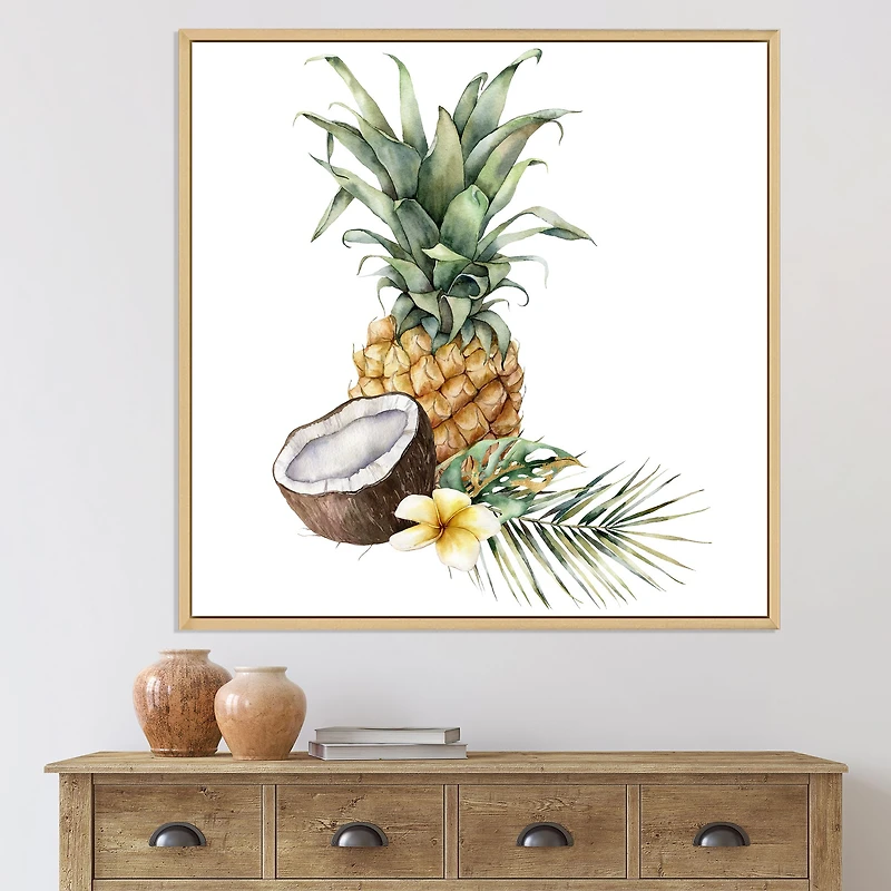 Pineapple with Coconut Plumeria and Palm Leaves  Canvas Wall Art Print
