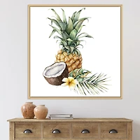 Pineapple with Coconut Plumeria and Palm Leaves  Canvas Wall Art Print
