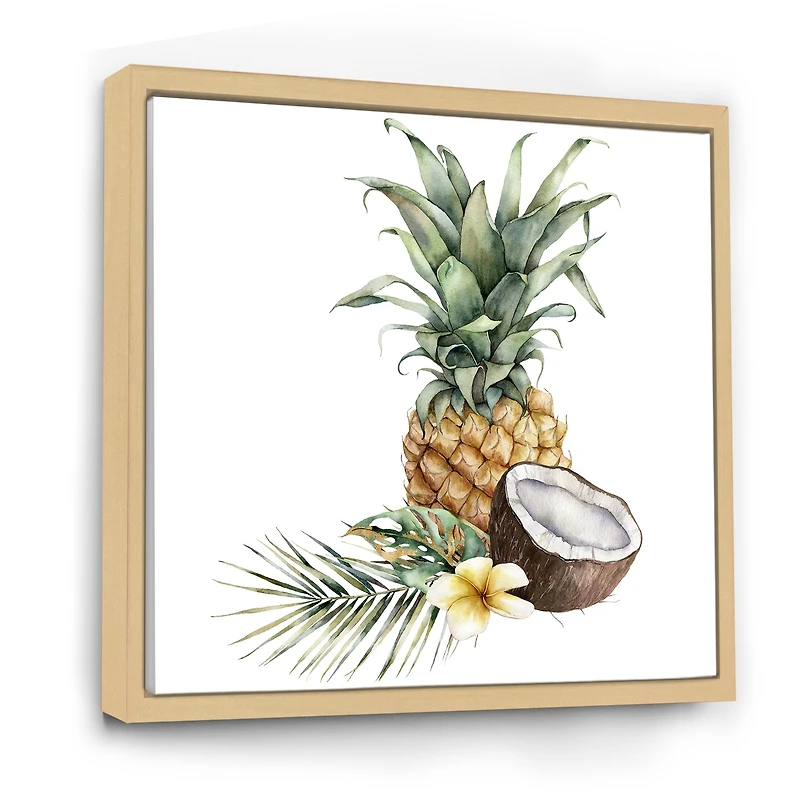 Pineapple with Coconut Plumeria and Palm Leaves  Canvas Wall Art Print