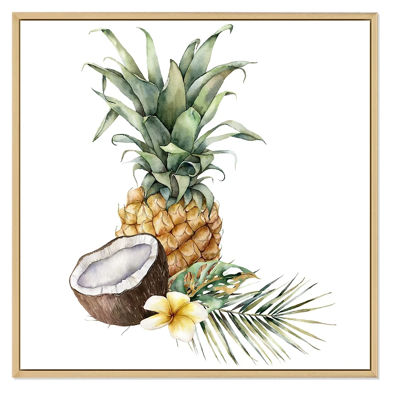 Pineapple with Coconut Plumeria and Palm Leaves  Canvas Wall Art Print