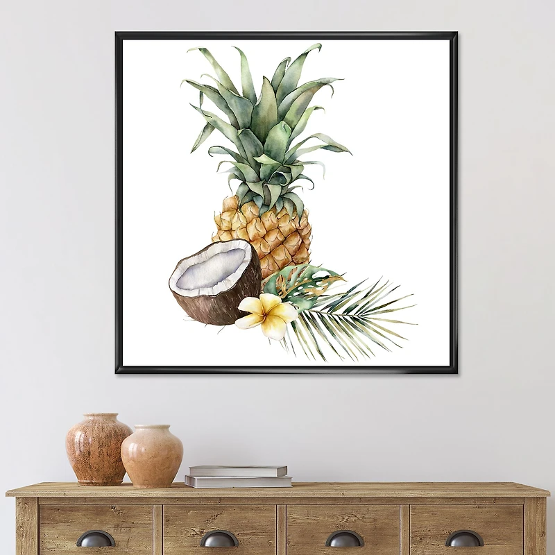 Pineapple with Coconut Plumeria and Palm Leaves  Canvas Wall Art Print