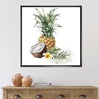 Pineapple with Coconut Plumeria and Palm Leaves  Canvas Wall Art Print