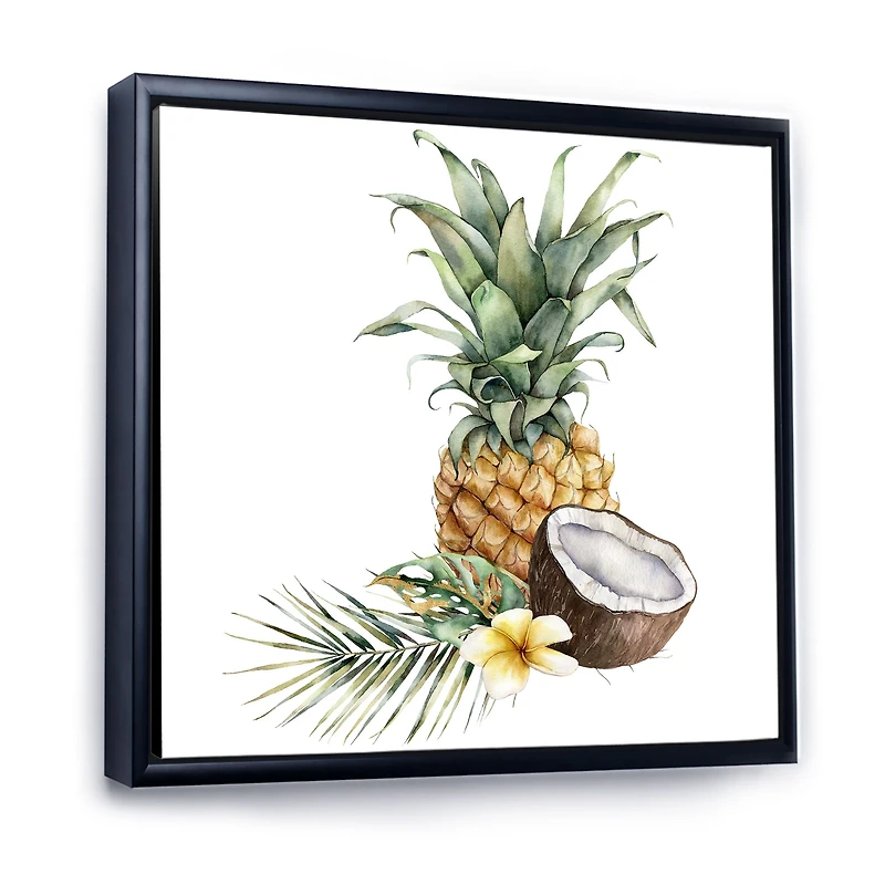Pineapple with Coconut Plumeria and Palm Leaves  Canvas Wall Art Print