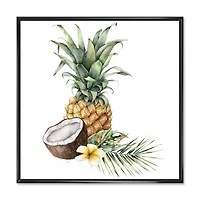 Pineapple with Coconut Plumeria and Palm Leaves  Canvas Wall Art Print