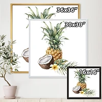 Pineapple with Coconut Plumeria and Palm Leaves  Canvas Wall Art Print
