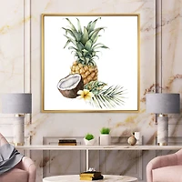 Pineapple with Coconut Plumeria and Palm Leaves  Canvas Wall Art Print