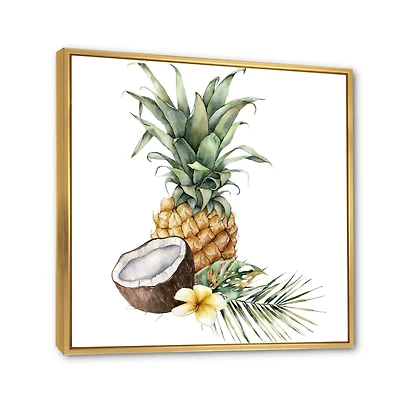 Pineapple with Coconut Plumeria and Palm Leaves  Canvas Wall Art Print
