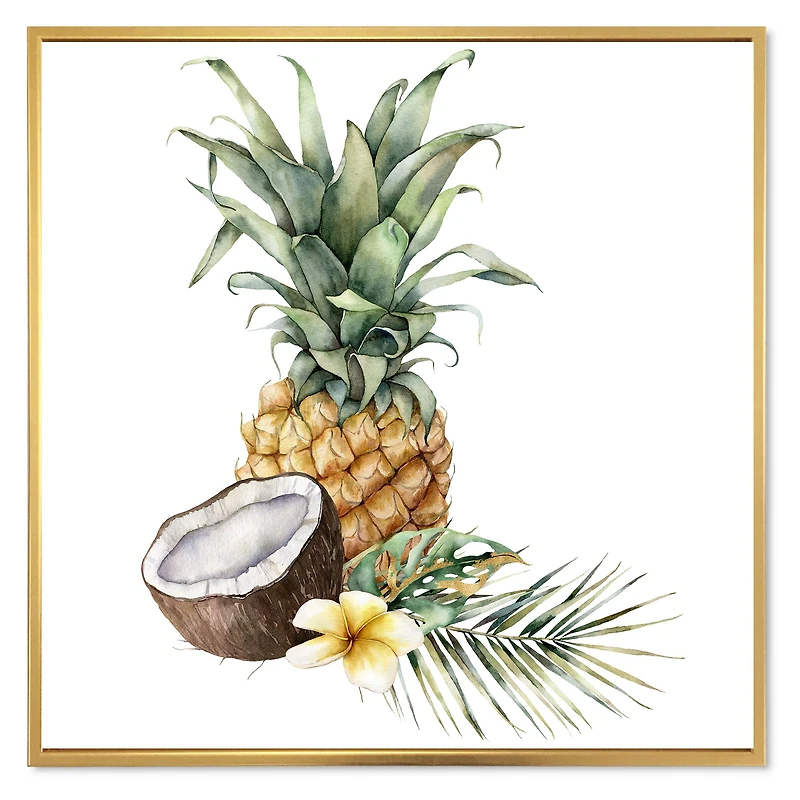 Pineapple with Coconut Plumeria and Palm Leaves  Canvas Wall Art Print