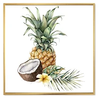 Pineapple with Coconut Plumeria and Palm Leaves  Canvas Wall Art Print