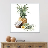 Pineapple with Coconut Plumeria and Palm Leaves  Canvas Wall Art Print