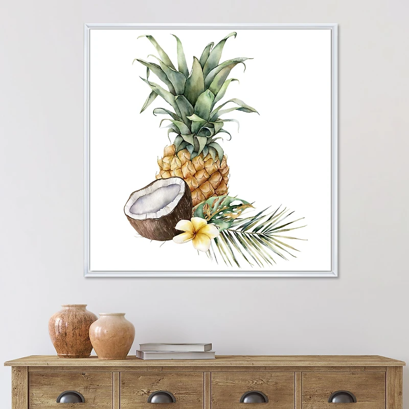Pineapple with Coconut Plumeria and Palm Leaves  Canvas Wall Art Print