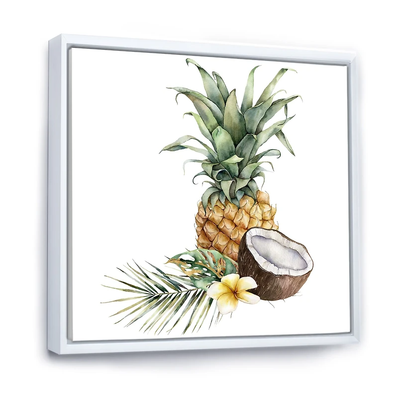 Pineapple with Coconut Plumeria and Palm Leaves  Canvas Wall Art Print
