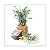 Pineapple with Coconut Plumeria and Palm Leaves  Canvas Wall Art Print