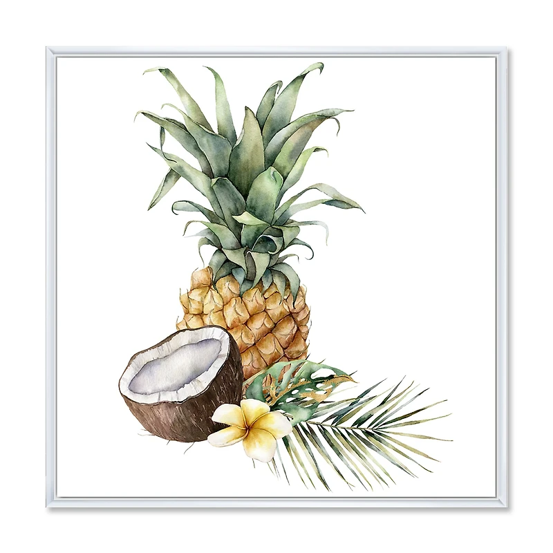 Pineapple with Coconut Plumeria and Palm Leaves  Canvas Wall Art Print