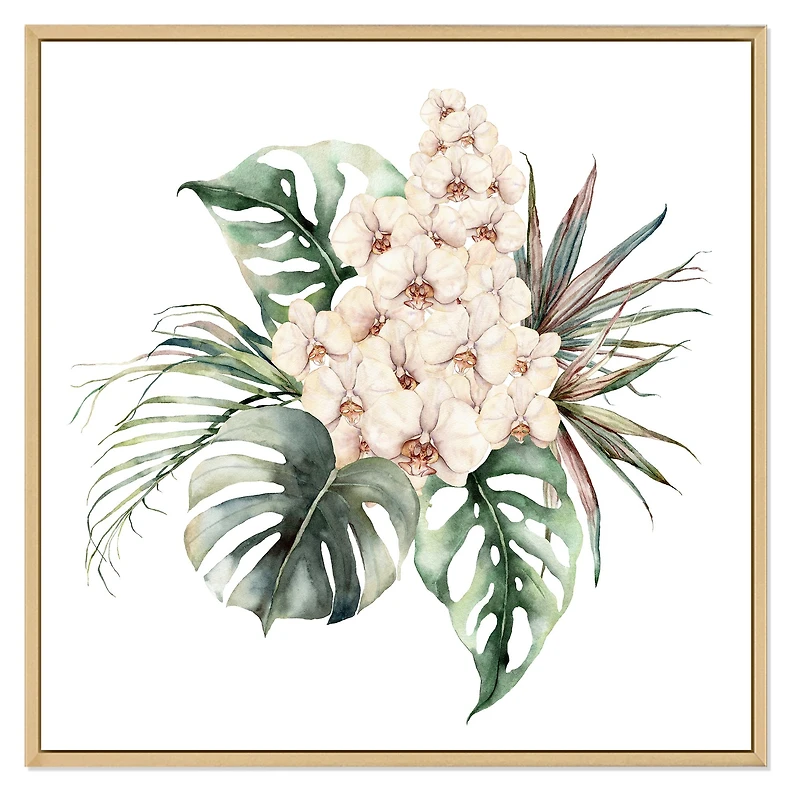 Bouquet with Orchids Monstera and Coconut Leaves Canvas Wall Art Print