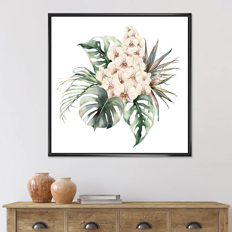 Bouquet with Orchids Monstera and Coconut Leaves Canvas Wall Art Print