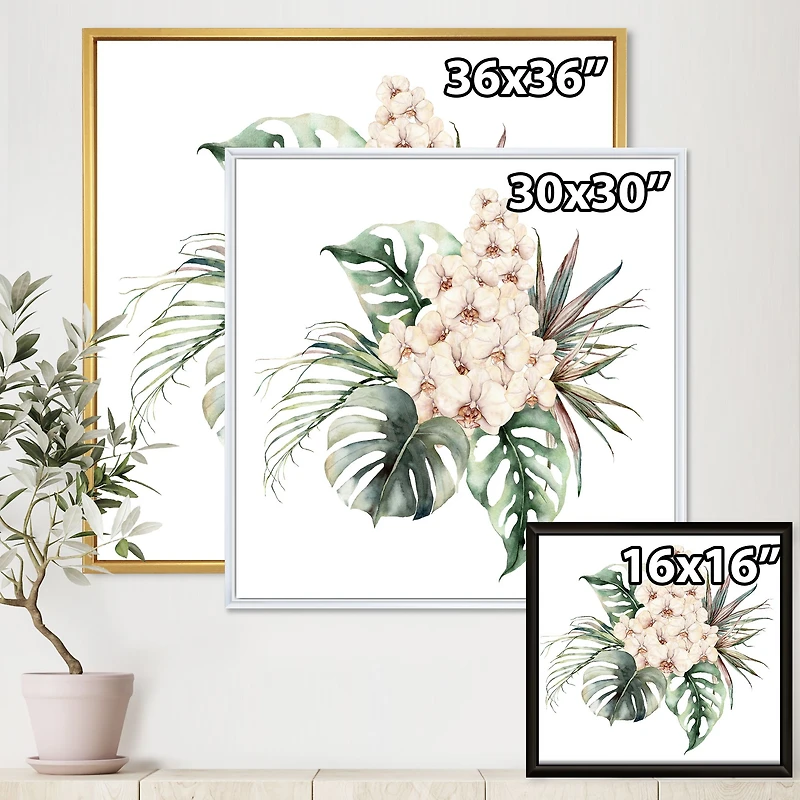 Bouquet with Orchids Monstera and Coconut Leaves Canvas Wall Art Print