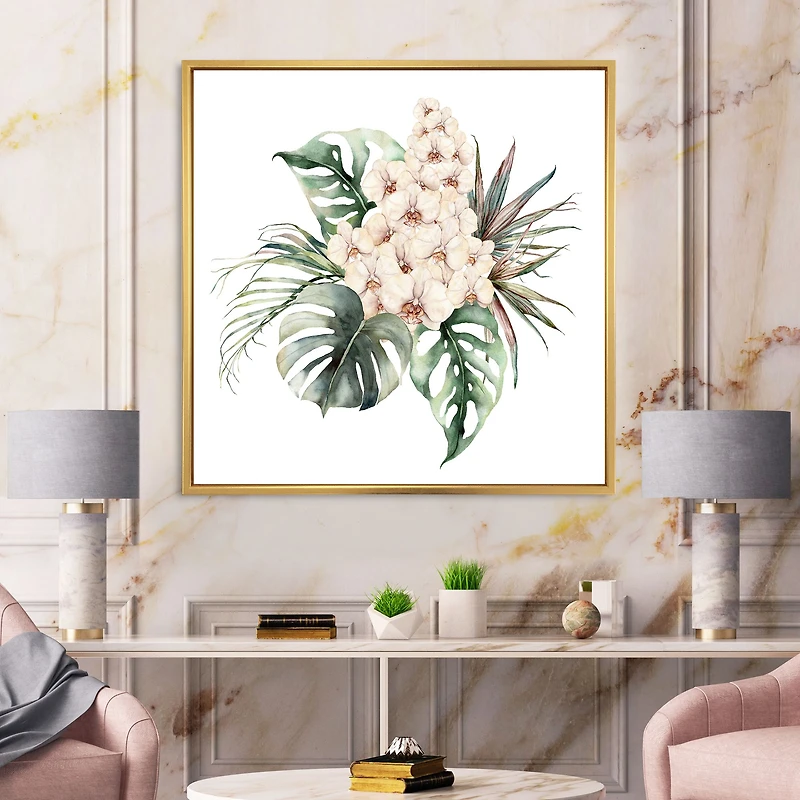 Bouquet with Orchids Monstera and Coconut Leaves Canvas Wall Art Print