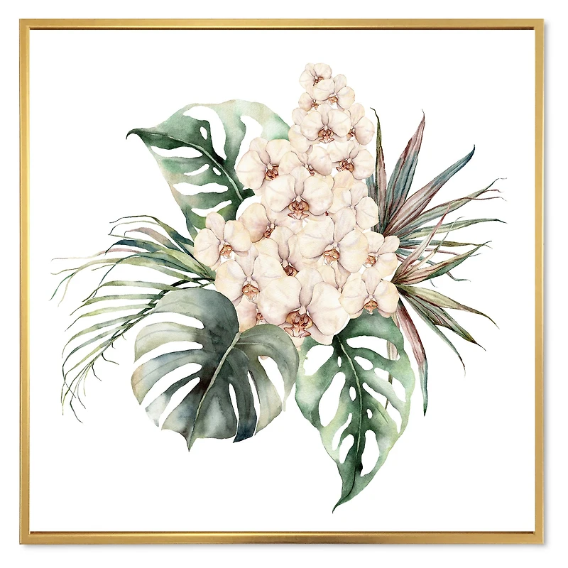 Bouquet with Orchids Monstera and Coconut Leaves Canvas Wall Art Print