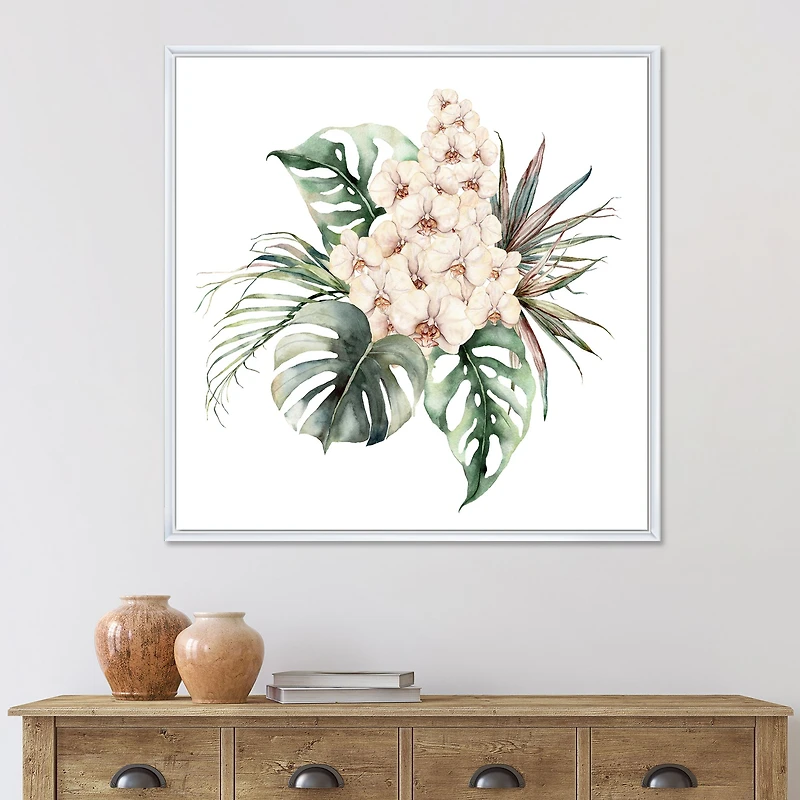 Bouquet with Orchids Monstera and Coconut Leaves Canvas Wall Art Print
