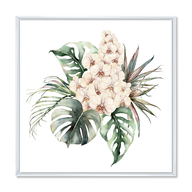 Bouquet with Orchids Monstera and Coconut Leaves Canvas Wall Art Print